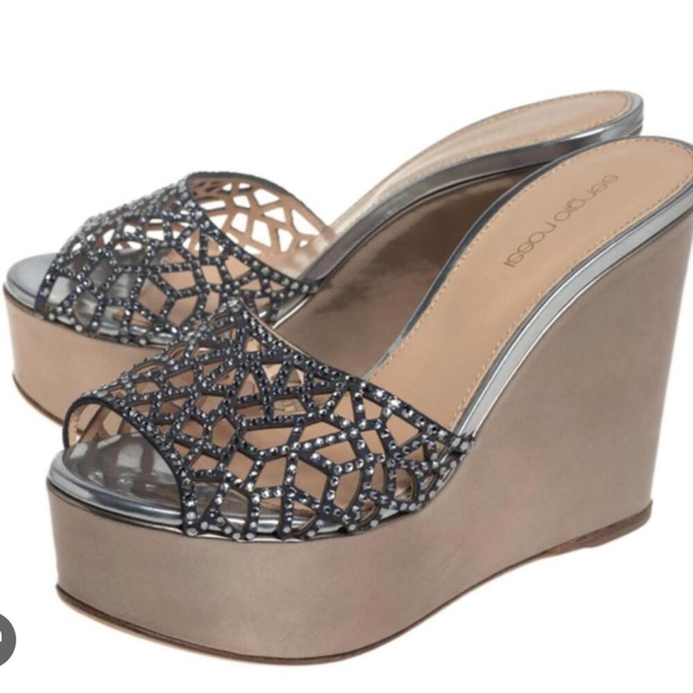 Sergio Rossi Swarovski Crystal Metallic Wedge Mules Silver/Black 39.5 Italy‎